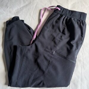 Black Fabletics High Rise Jogger Scrub Pants with Pink Drawstring